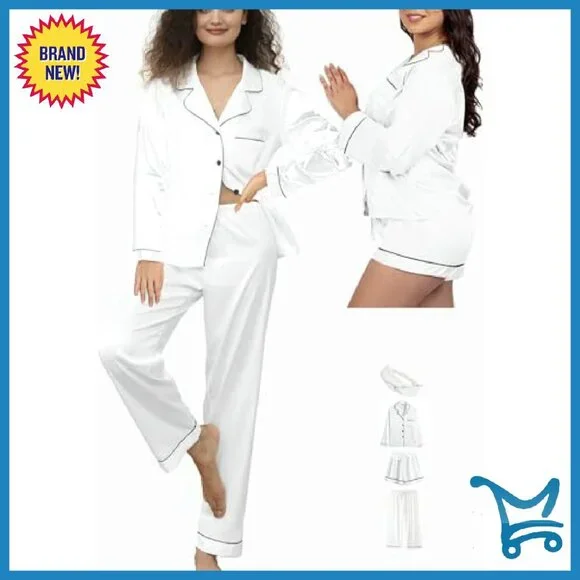 Silk Satin Pajama Set 4-Piece Long Sleeve V-Neck Lounge Sleepwear
